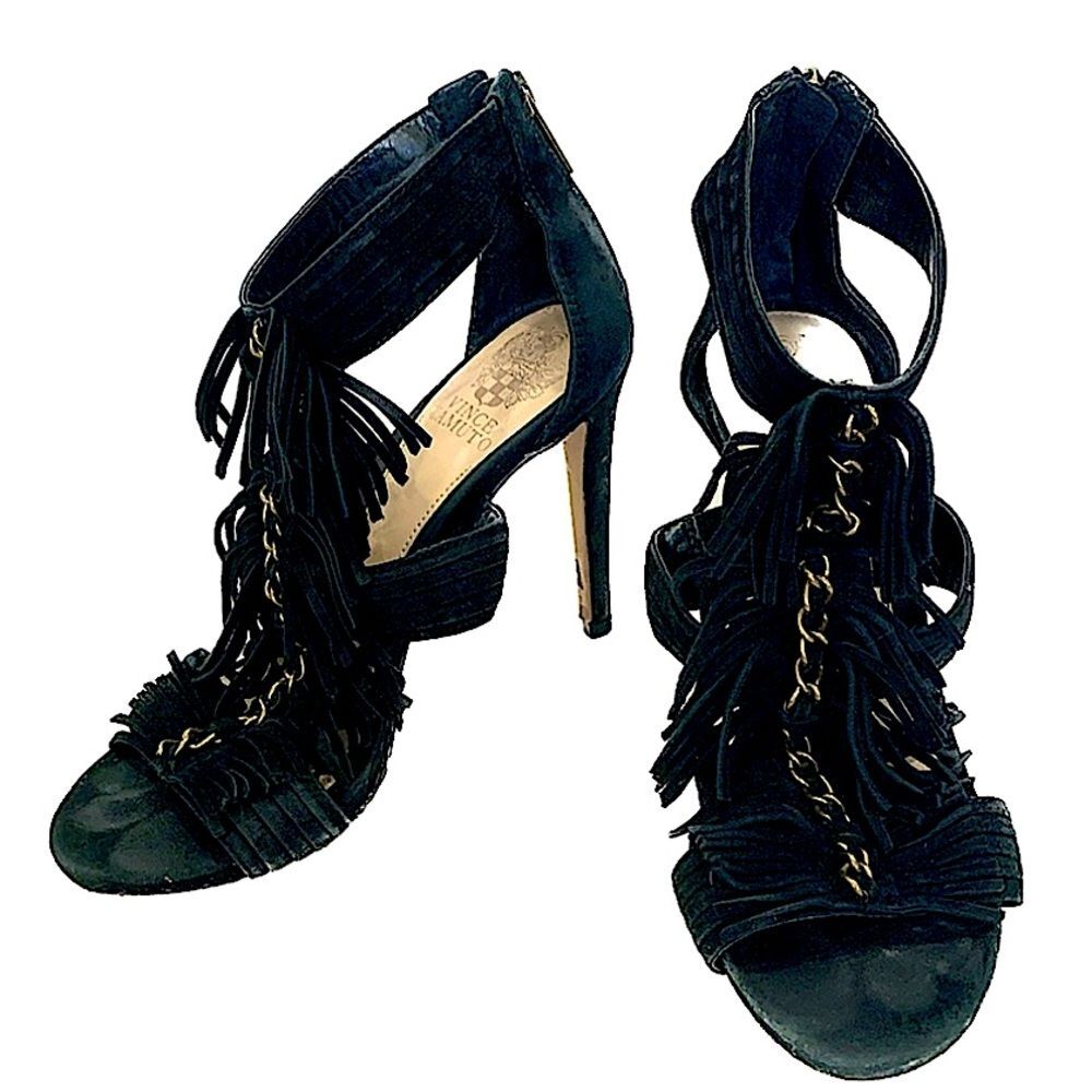 Vince Camuto Black Leather Suede Heels Size 7 Fringe Gold Chain Open Toe Pumps